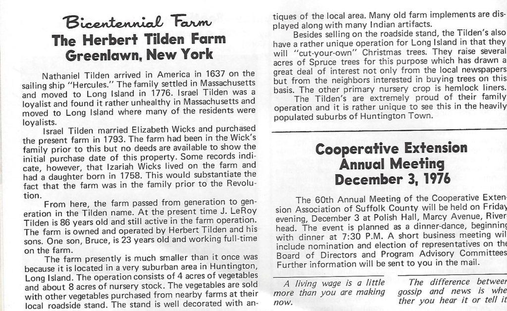 Scan of an article published in the Suffolk County Agricultural News in November 1976, detailing the Bicentennial heritage of the farm.